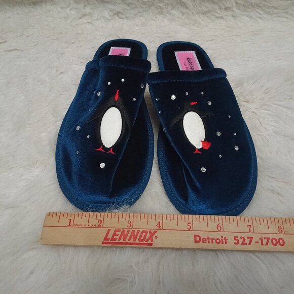 Kate Spade Blue velvet Slipper “Jolie” Winter Penguins rhinestone 8B - Picture 2 of 6